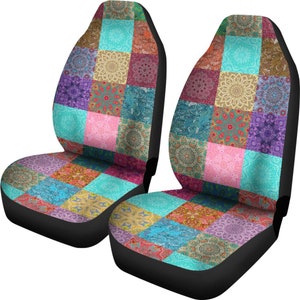 Patchwork Colorful Seat Covers (Set of 2) Car Accessory, Vehicle Seat Protectors Quilt Pattern, Side Airbag Compatible