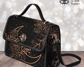 Crescent Moon and Roses Shoulder Bag, Witch Canvas Satchel bag, Cute womens Cross Body Purse, hand bag