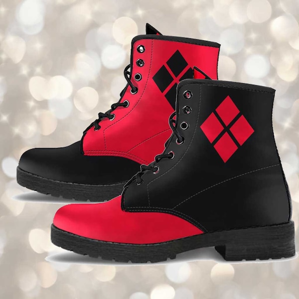 Red and Black Opposites Boots | Harley Inspired Vegan Boots | Men's Women's Combat Boots Cosplay Costume Shoes