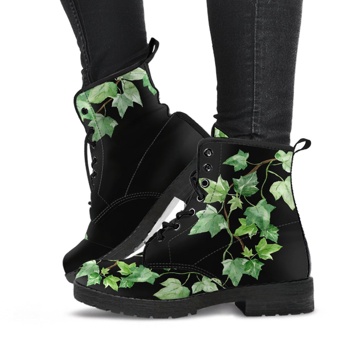 Green Ivy Boots Summer Combat Boots Boho Leaves Black and - Etsy