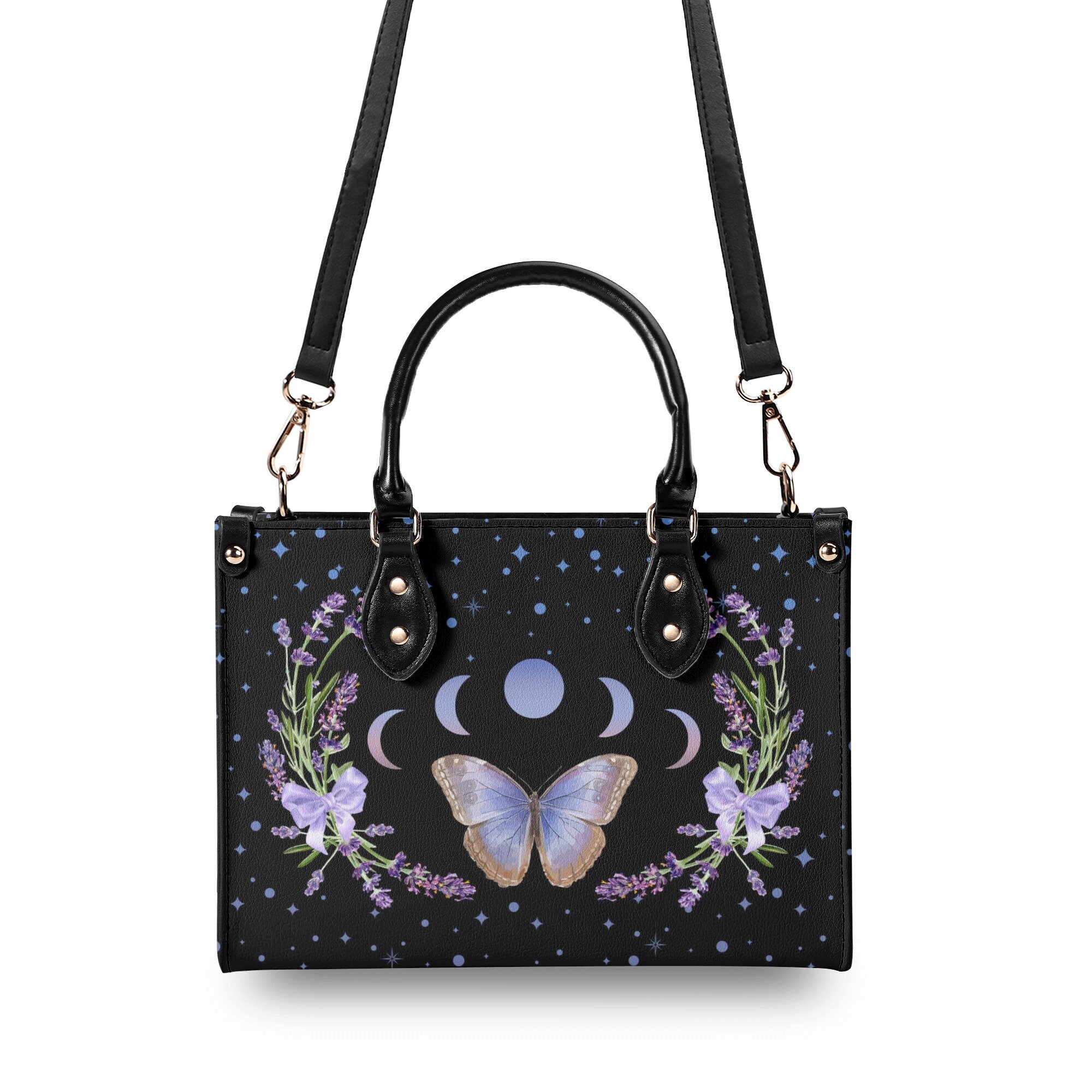 Vegan Purple Butterfly Faux Leather Purse, Cute women Moon Phases Hand Bag Shoulder Bag