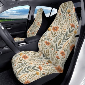 Boho Tan Floral Car Seat Covers, Light Spring Summer Flower Car Seat Accessories, Front, Back