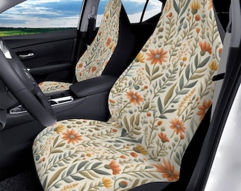 Boho Floral Car Seat Covers Light Rust Tan Spring Summer Flower Car Seat Accessories Front Back
