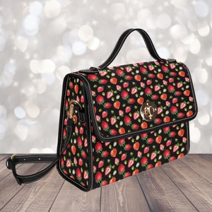 Kawaii Black Purse Red Strawberries Canvas Satchel bag, Cute Strawberry Fruit cross body purse, vegan leather handbag, boho Cottagecore