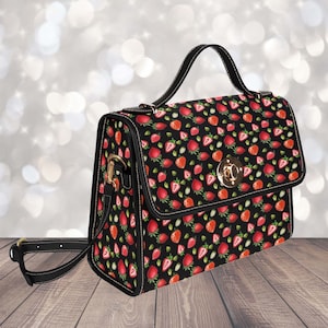 Kawaii Black Purse Red Strawberries Canvas Satchel bag, Cute Strawberry Fruit cross body purse, vegan leather handbag, boho Cottagecore