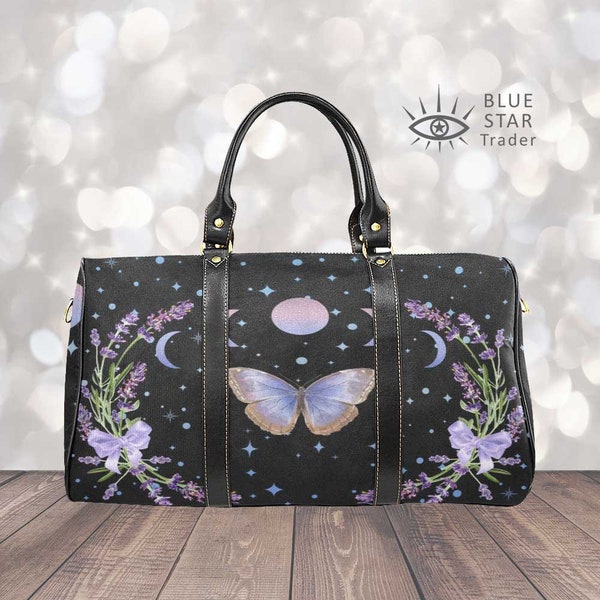 Purple Butterfly Waterproof Travel Bag, Cute Moon Phases with Lavender flowers, Women's moon sleepover bag