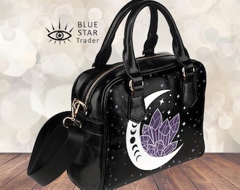 Sac à main de sorcière en cristaux d'améthyste en croissant de lune, sac à main en cottagecore phases de lune, sac à bandoulière, accessoires pour femmes, sac à main, sac melon