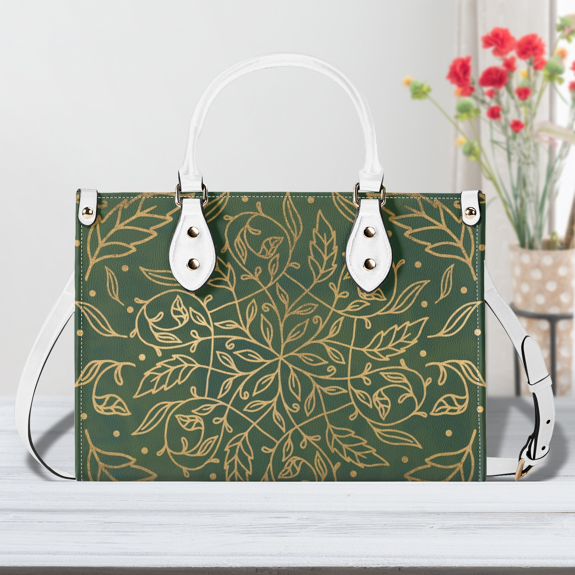 Elegant Green Leaf Mandala Purse, Vegan Leather Hand Bag