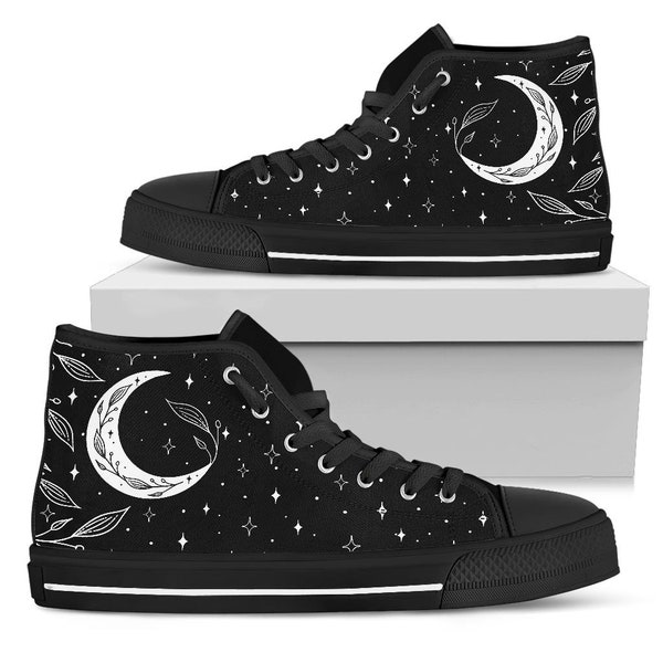 Moon Leaf High Tops Shoes, Men's Women's Ankle Shoes, Black Sneakers, Witchy Shoes, Witch Wicca Pagan Celestial Galaxy
