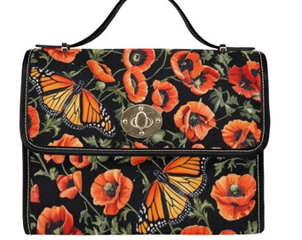 Happy Spring Monarch Butterfly Poppies handtas portemonnee, verstelbare riem, rood oranje canvas tas, crossbody damestas Cottagecore