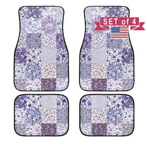May include: A set of four car floor mats featuring a purple and white patchwork floral pattern. The top right mat includes a red banner with the text SET of 4 and a small United States flag icon. Each mat has a black border around the edges.