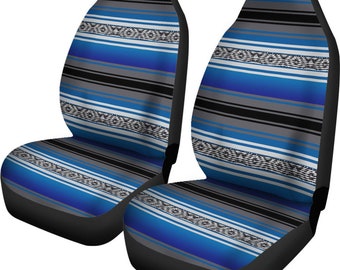 Blue Serape Stripes Car Seat Covers (Set of 2), Mexican Blanket Print Vehicle Seat Protectors, Car Accessories