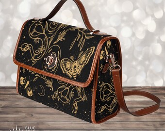 Snake Moths Witch Canvas Satchel bag, Cute women Flowers cross body purse, cute vegan leather strap hand bag goth bag, boho gift Cottagecore