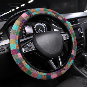 Boho Patchwork Neoprene Steering Wheel Cover With Elastic | Pink Turquoise Blue Car Protector | Cute Car Accessory