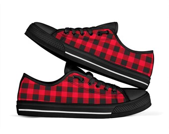Red Buffalo Plaid Low Tops Men's Women's Shoes Red Checkered Sneakers Lumberjack Pattern, Black Accents