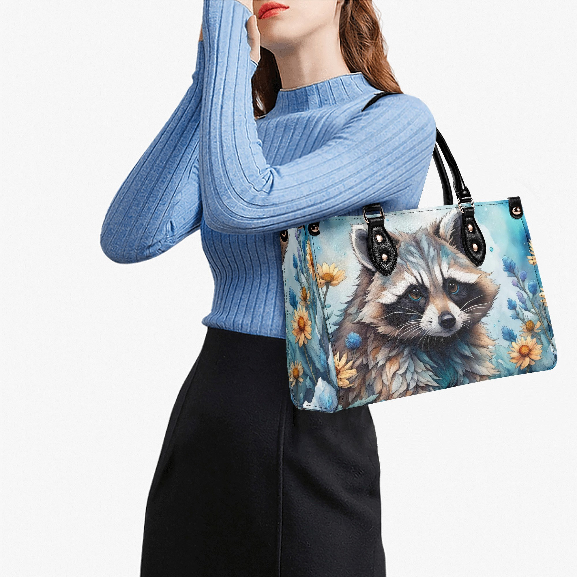 Raccoon Luxury Purse, Blue Cheerful Vegan Leather Cottagecore Handbag