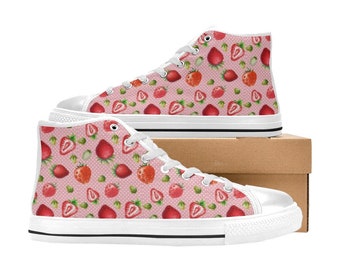 YOUTH High Top Sneakers Pink Strawberries, Fun Novelty Strawberry Shoes for Kids