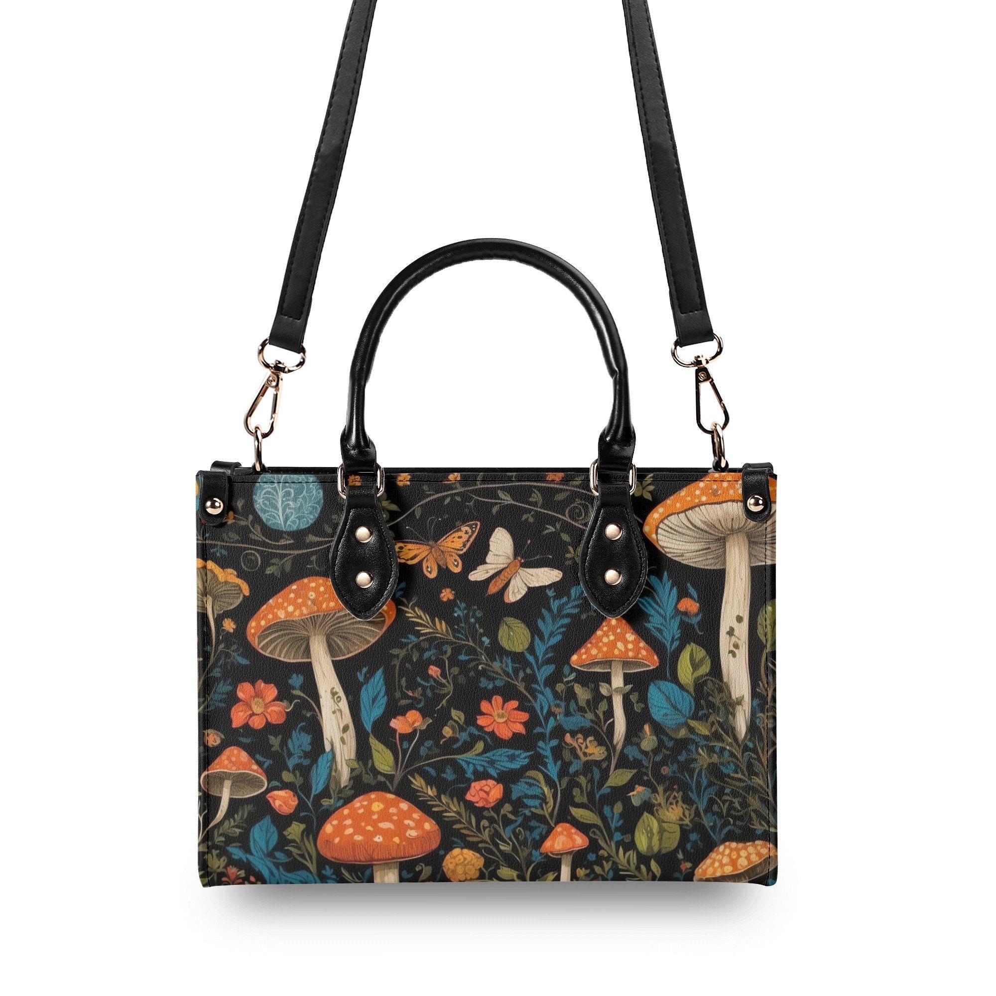 Vintage Style Mushrooms Vegan Leather Purse, Cute women Hand Bag Shoulder Bag