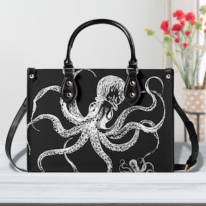 Black White Octopus Purse, Faux Leather Hand Bag, Cute Womens Shoulder Bag, vegan strap, Goth gift, Kracken