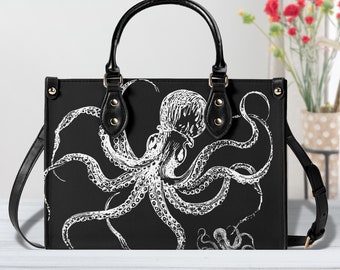 Black White Octopus Purse, Faux Leather Hand Bag, Cute Womens Shoulder Bag, vegan strap, Goth gift, Kracken