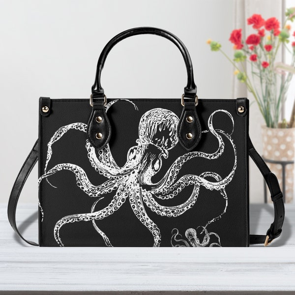 Black White Octopus Purse, Faux Leather Hand Bag, Cute Womens Shoulder Bag, vegan strap, Goth gift, Kracken
