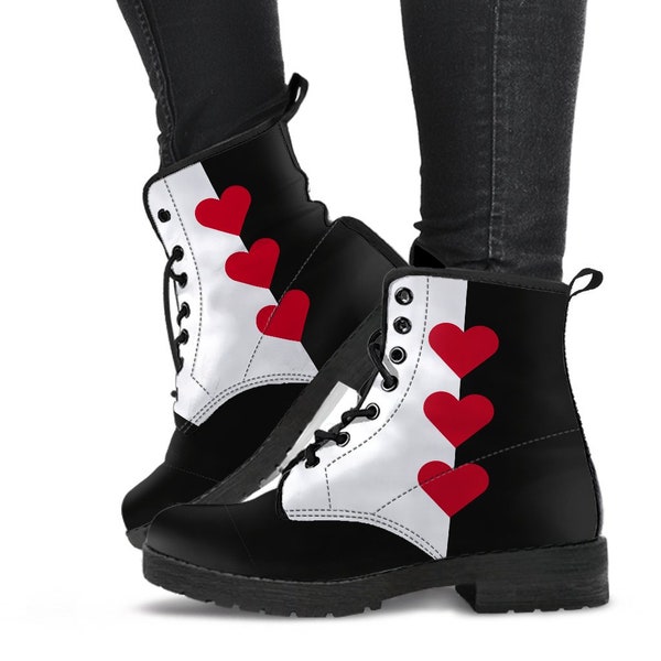 Queen of Hearts Boots Combat Style Men's Women's Black White Red | Goth Boots  Adult Costume Cosplay