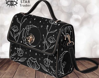 Black White Cute women flower moon cross body purse, Witch Canvas Satchel bag, Shoulder Bag, Hand bag goth bag, boho gift Cottagecore