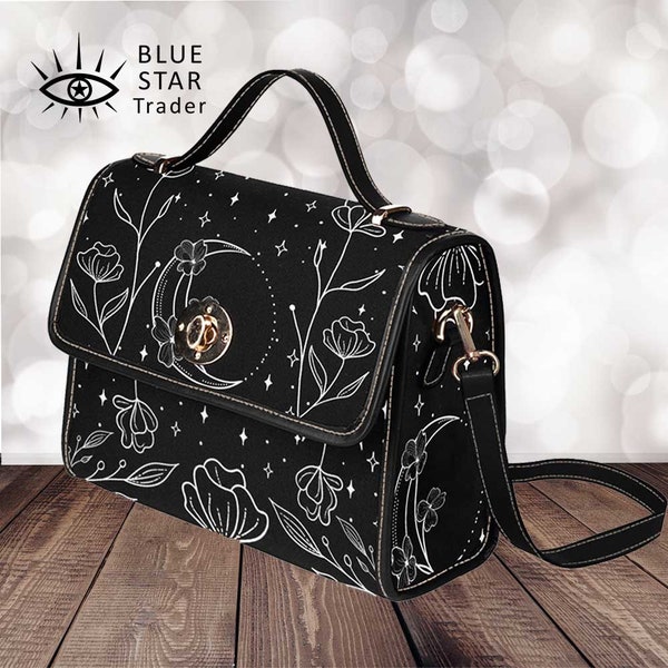 Black White Cute women flower moon cross body purse, Witch Canvas Satchel bag, Shoulder Bag, Hand bag goth bag, boho gift Cottagecore