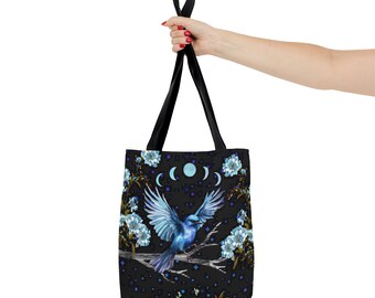 Blue Bird Tote Bag, Blue Floral Totebag, Witchy Tote with Moon Phases and Flowers Cottagecore