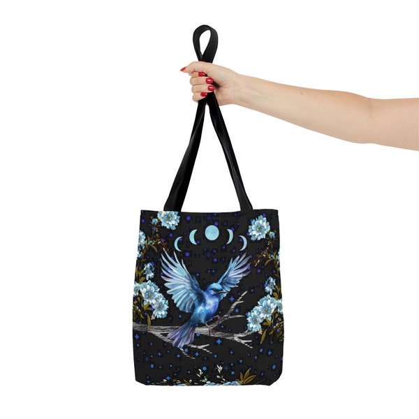 Sac cabas Blue Bird, cabas fleuri bleu, cabas sorcière avec phases de lune et fleurs