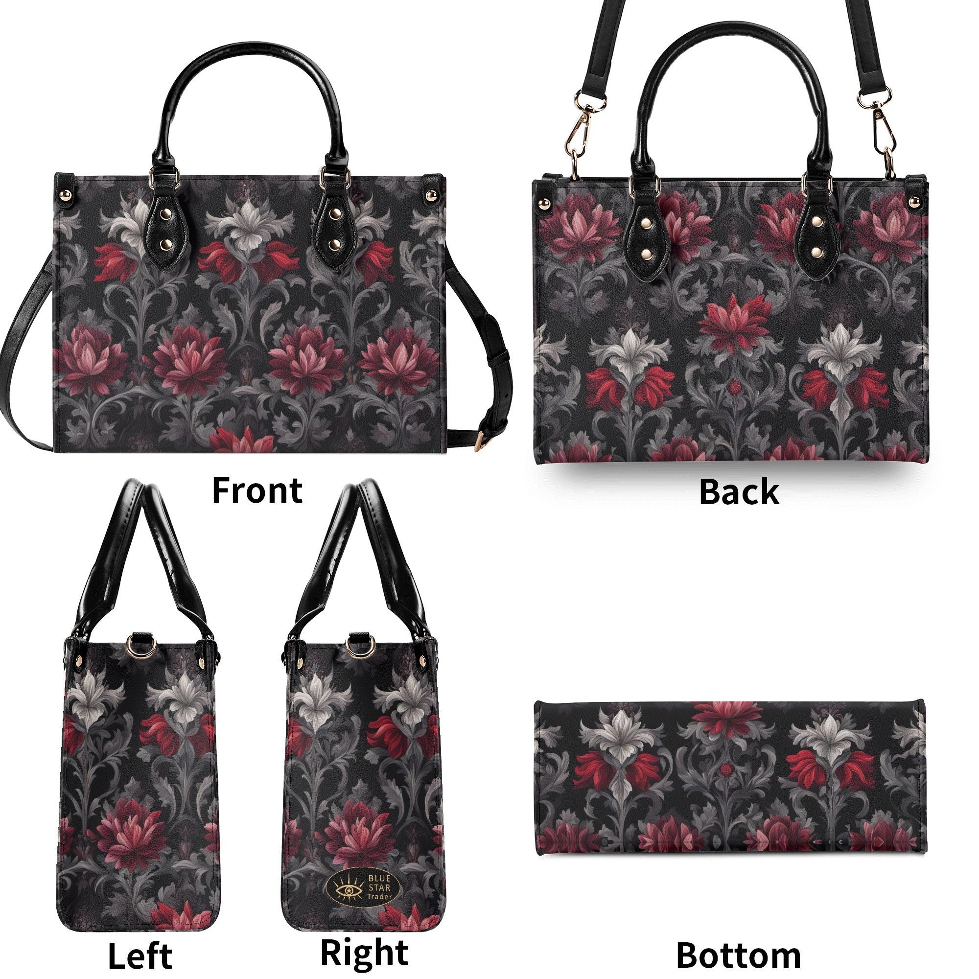 Midnight Peony - Goth Red Flowers Purse, Floral Faux Leather Hand BaG