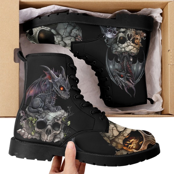 Scary Baby Dragon and Skulls Combat Boots, Men's Ankle Boots, Women's Lace Up Boots
