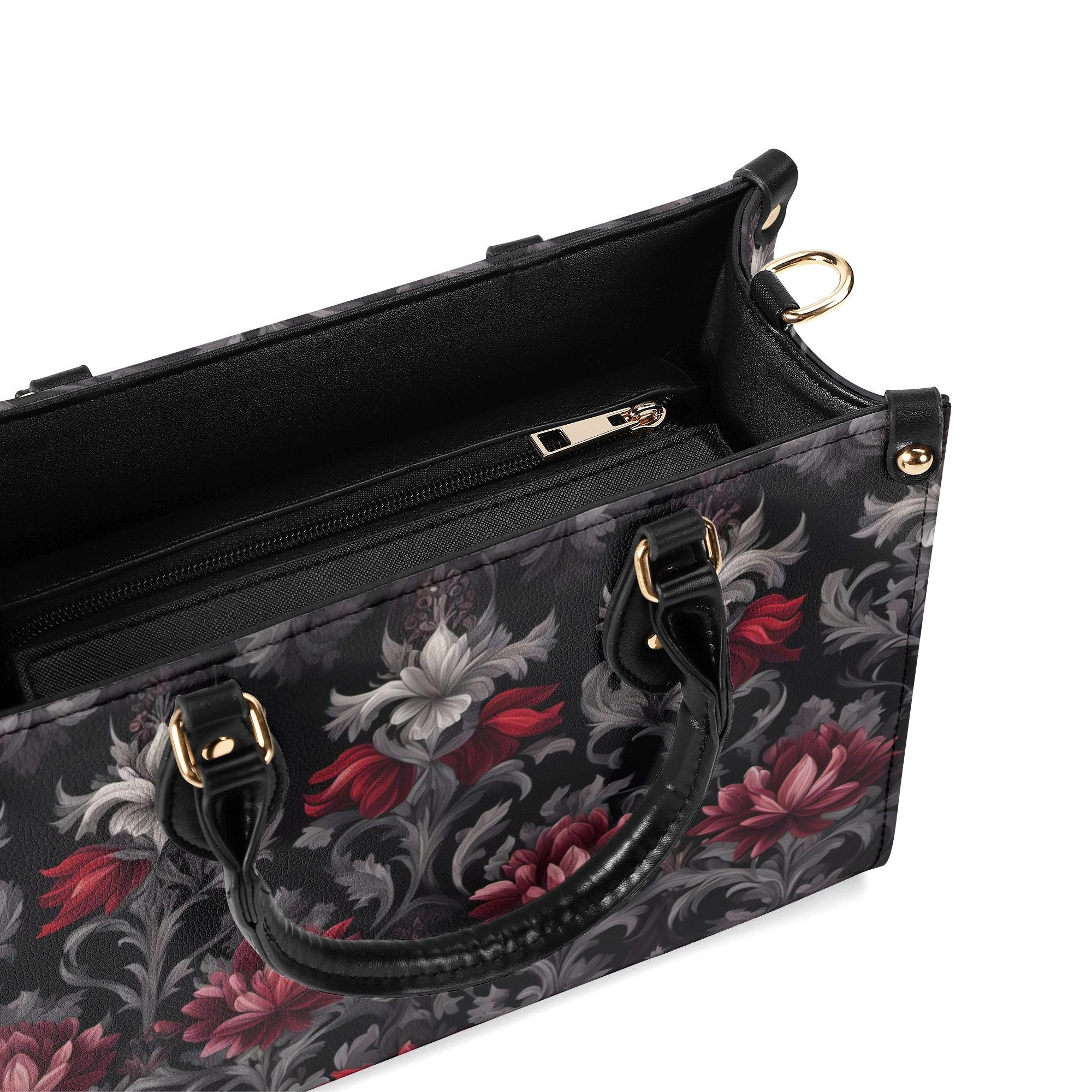 Midnight Peony - Goth Red Flowers Purse, Floral Faux Leather Hand BaG