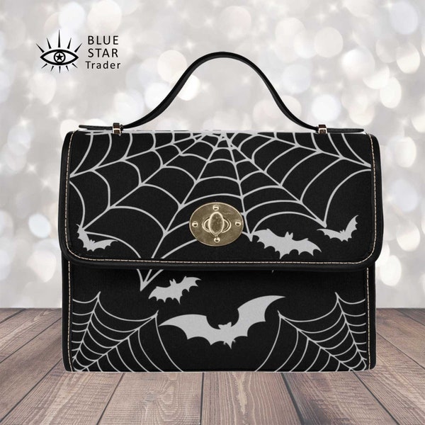 Gotische vleermuizen portemonnee, spinnenwebben canvas tas, veganistische handtas goth tas, Halloween kostuum volwassen cosplay, griezelige zwarte cross body portemonnee