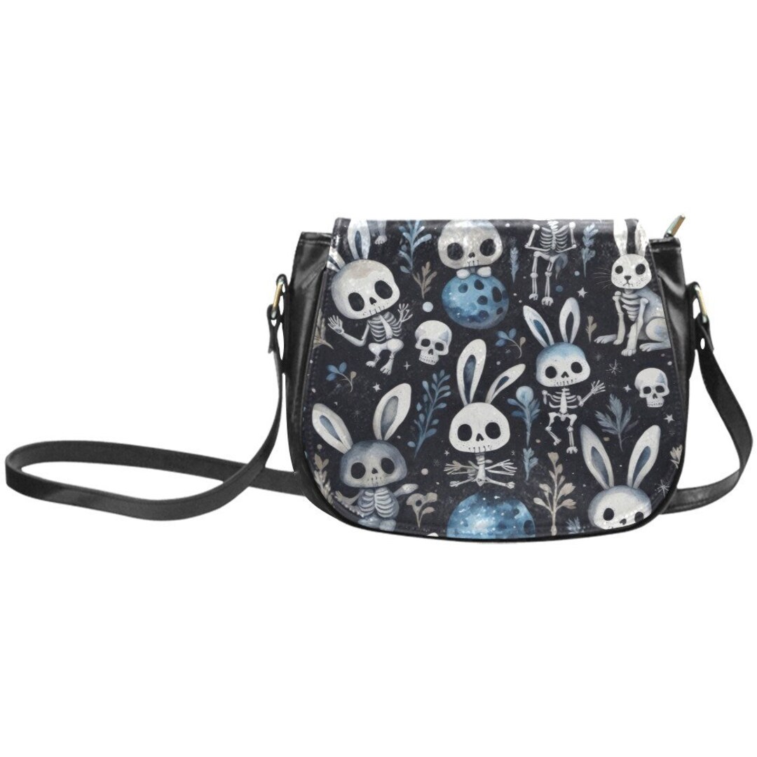 Cute Creepy Goth Bunny Crossbody Bag, Blue Skull Rabbits Handbag, Vegan ...