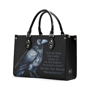 Sac à main Nevermore noir, sac à main de luxe en similicuir, sac à main foncé pour femme, sac à bandoulière Edgar Allen Poe le corbeau, cadeau végétalien pour amateurs de poèmes