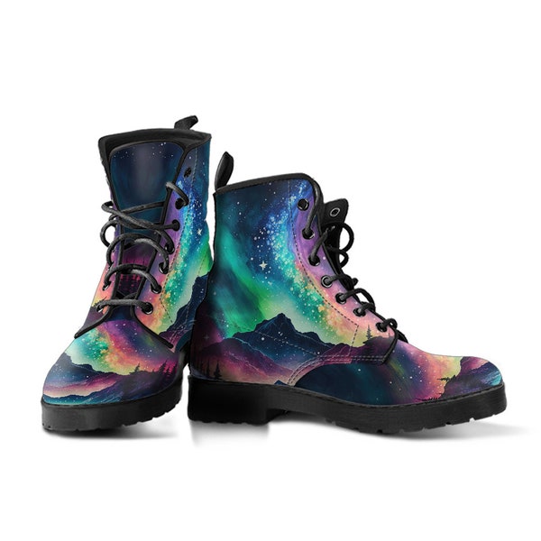 Botas coloridas de auroras boreales, botas de combate de luces arcoíris, zapatos de mujer para hombre, estrellas Galaxy, espacio exterior, montañas
