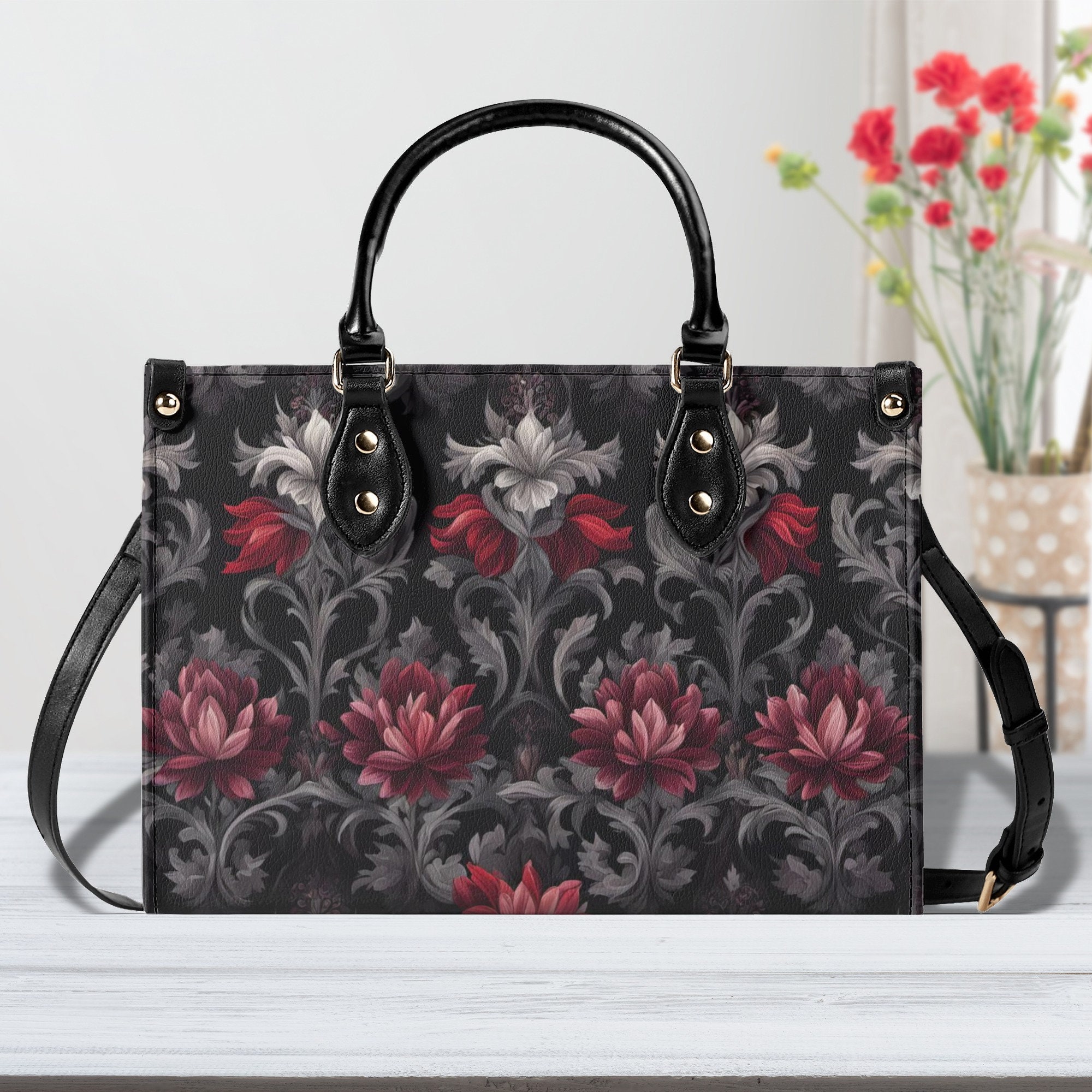 Midnight Peony - Goth Red Flowers Purse, Floral Faux Leather Hand BaG