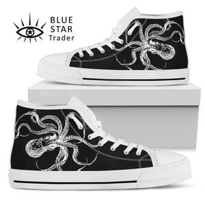 Black and White Octopus High Tops Men's Women's Ankle Shoes Black Sneakers Steampunk Kraken Design