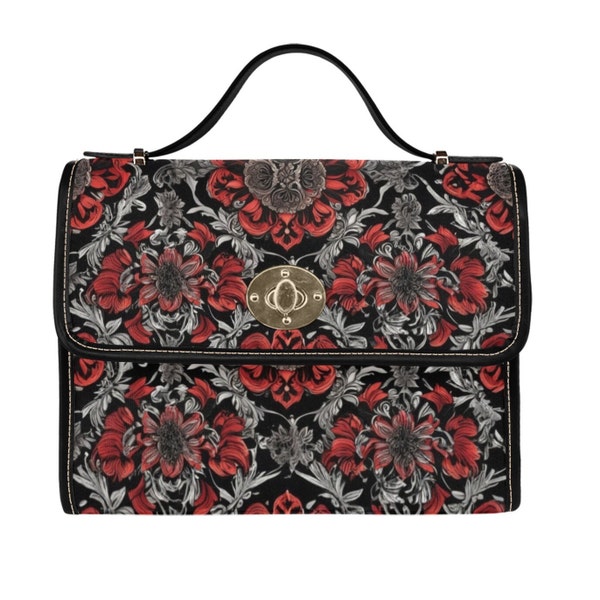 Darkly Yours - Gothic Red Damask Purse Handbag, Victorian Goth Canvas Satchel bag, cross body purse, Adjustable vegan strap