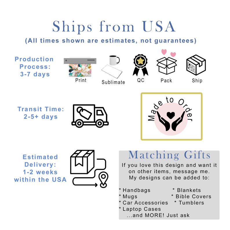 May include: An informational graphic with text that reads "Ships from USA." It includes icons representing production, transit, and delivery times. The phrase "Made to Order" is also displayed.