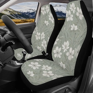 Sage Green Floral Car Seat Covers, Lightweight Boho Flower Car Seat Accessories, Front, Back