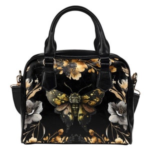 Black gold Moth Handbag, Witchy Floral Purse, cute womens accessories, Goth Shoulder Bag, Hand Bag, Bowler Bag, Purse