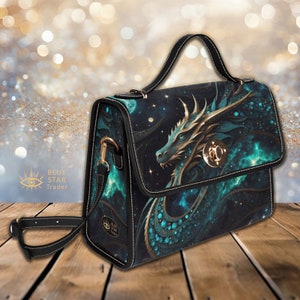 Emerald Green Dragon Purse, Unusual Fantasy Gift, Canvas Satchel Purse Vegan Cross body bag