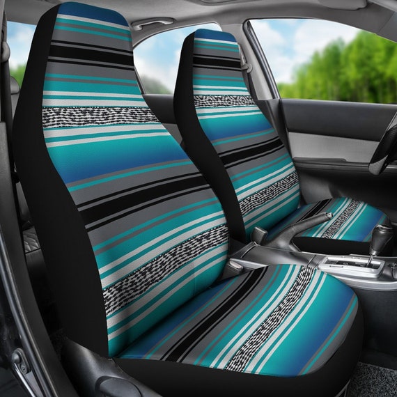 Turquoise Serape Stripes Car Seat Covers, Printed Mexican Blanket Design  Car Accessories, set of 2 