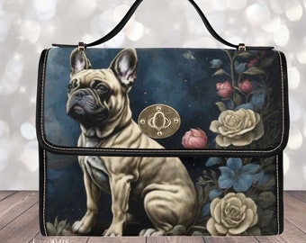Frenchie handbag purse, french bulldog Blue vegan leather Satchel shoulder bag, dog gift, cottagecore dog purse, dog lover bag