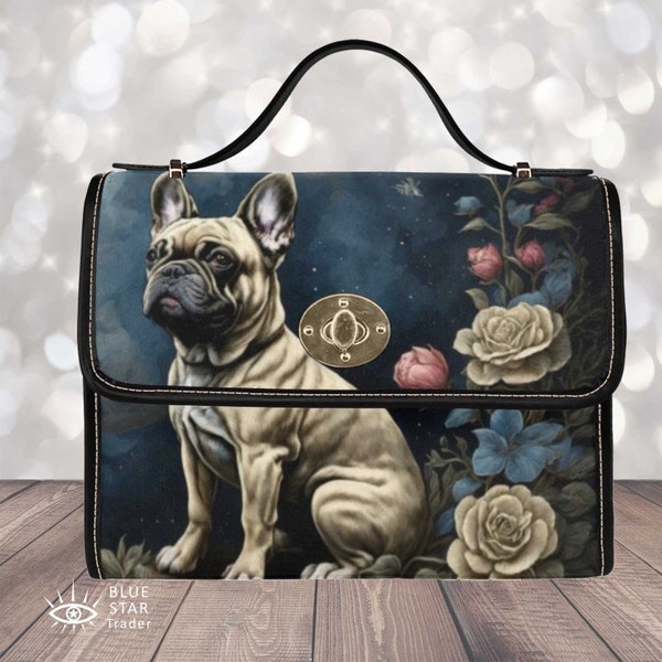 Sac à main Frenchie, bouledogue français Sac à bandoulière cartable en cuir végétalien bleu, cadeau pour chien, sac à main pour chien cottagecore, sac pour amoureux des chiens