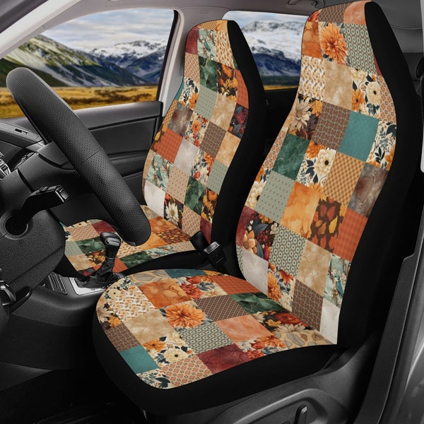 Boho Autumn Patchwork Car Seat Covers Set, Printed Quilted Style Car Accessories, Car Mats, Steering Wheel Cover