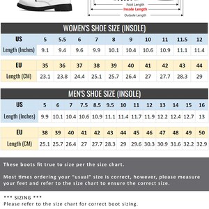 May include: Size chart for women's and men's boots. The chart shows US shoe sizes, European shoe sizes, and corresponding foot lengths in inches and centimeters. The chart also includes a diagram of a boot with labels for foot length, insole length, and outsole length.