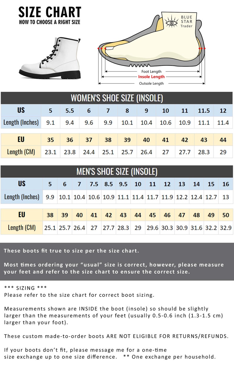May include: Size chart for women's and men's boots. The chart shows US shoe sizes, European shoe sizes, and corresponding foot lengths in inches and centimeters. The chart also includes a diagram of a boot with labels for foot length, insole length, and outsole length.